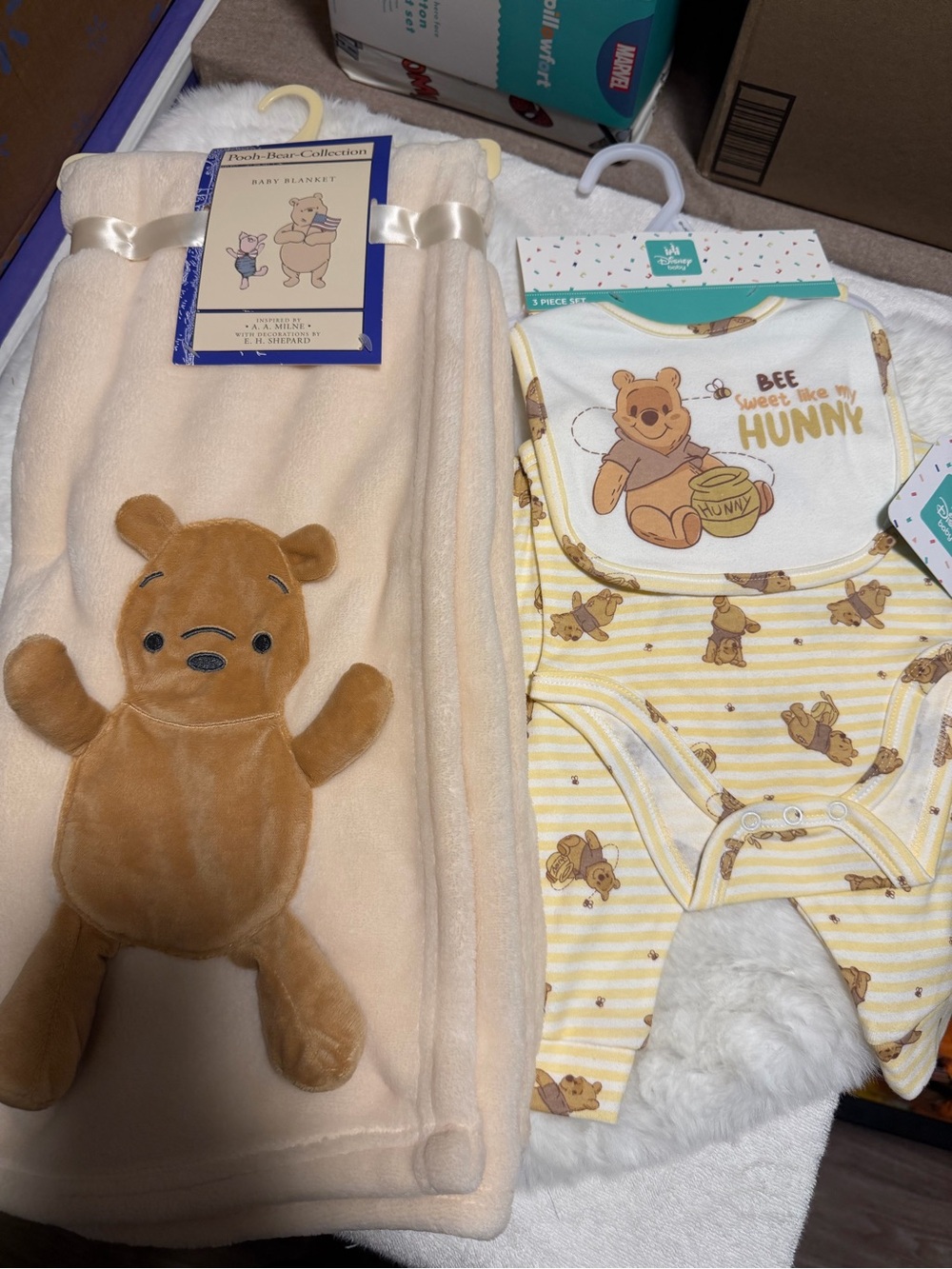 Disney Baby Winnie the Pooh Yellow Striped Pajama Set with Plush Blanket